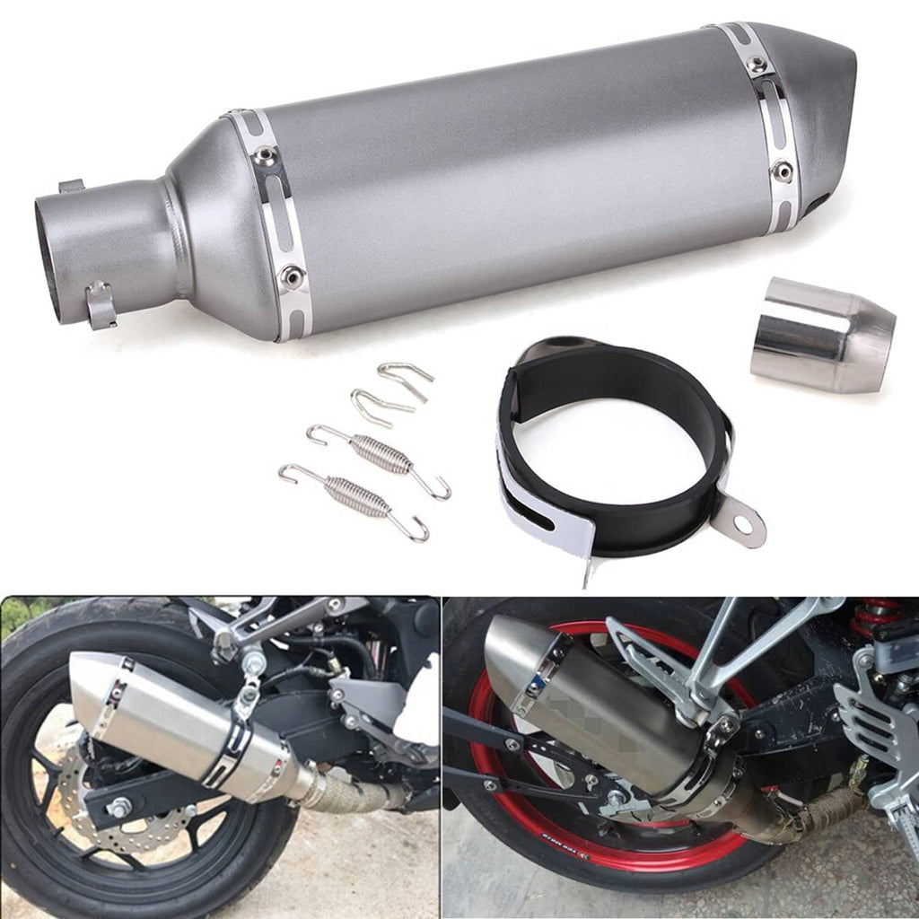 Silver universal motorcycle exhaust muffler pipe with mounting band and end cap