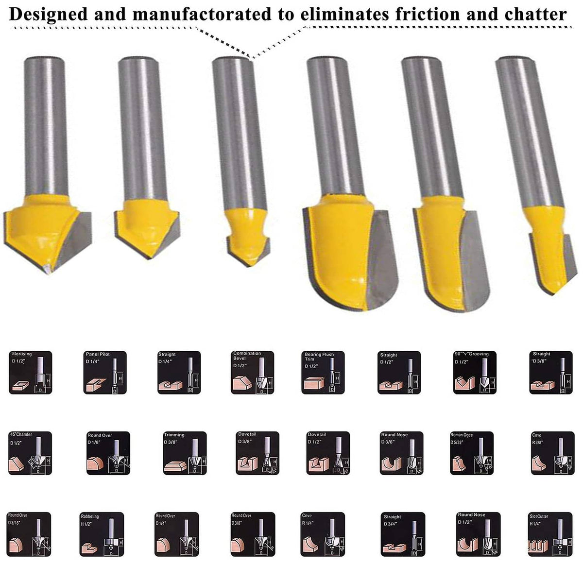 Assorted router bits with yellow cutting heads and silver shanks, shown in rows