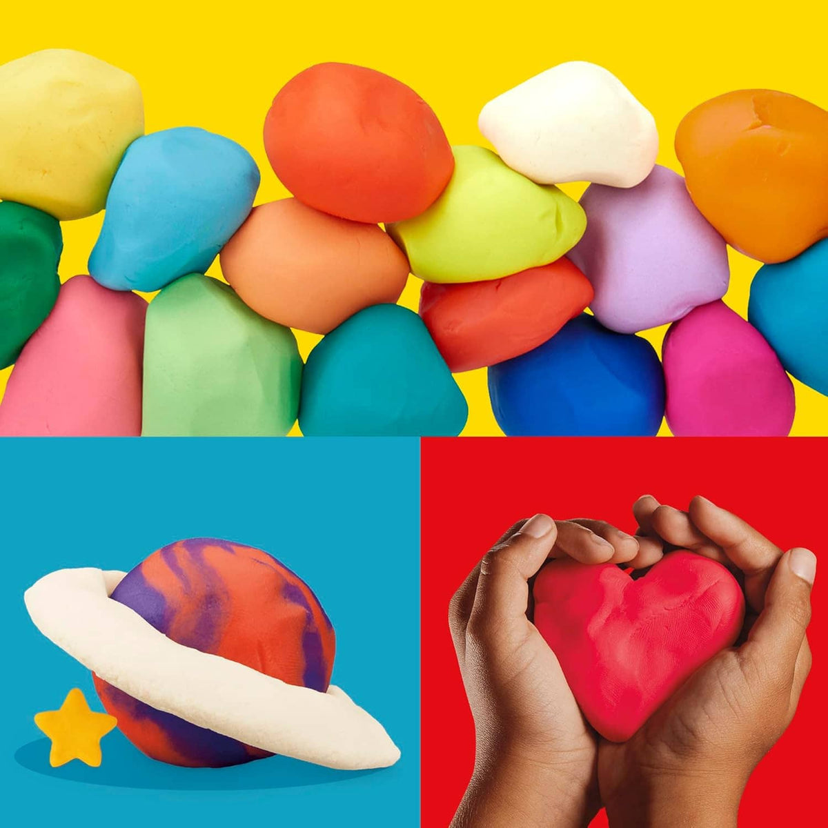 Assorted Play-Doh clay pieces including heart, taco, and star shapes