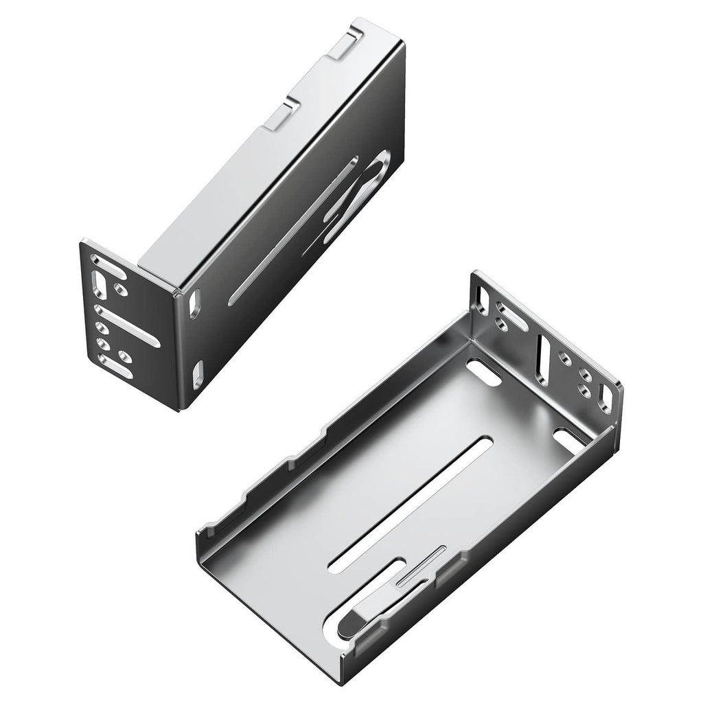 Set of side-mount drawer slides, silver metal tracks with mounting slots shown detached