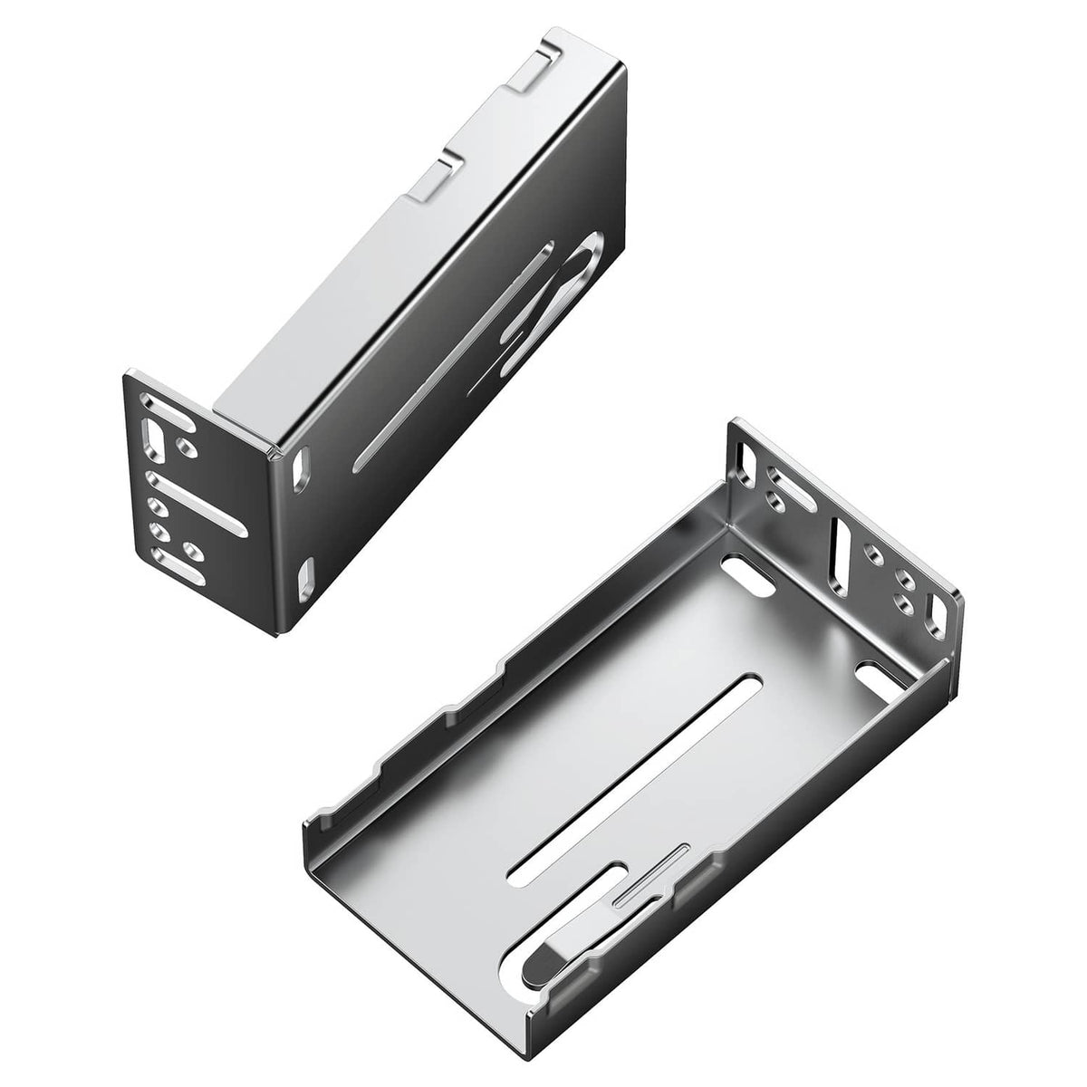 Set of side-mount drawer slides, silver metal tracks with mounting slots shown detached