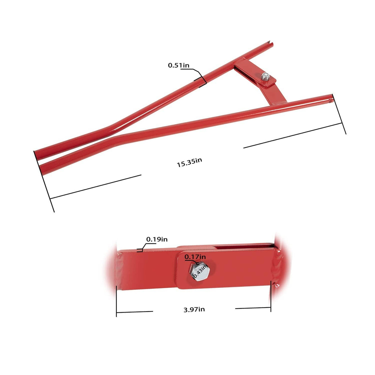 Red brake spring tool with measured dimensions on bars and bracket for anchor pins