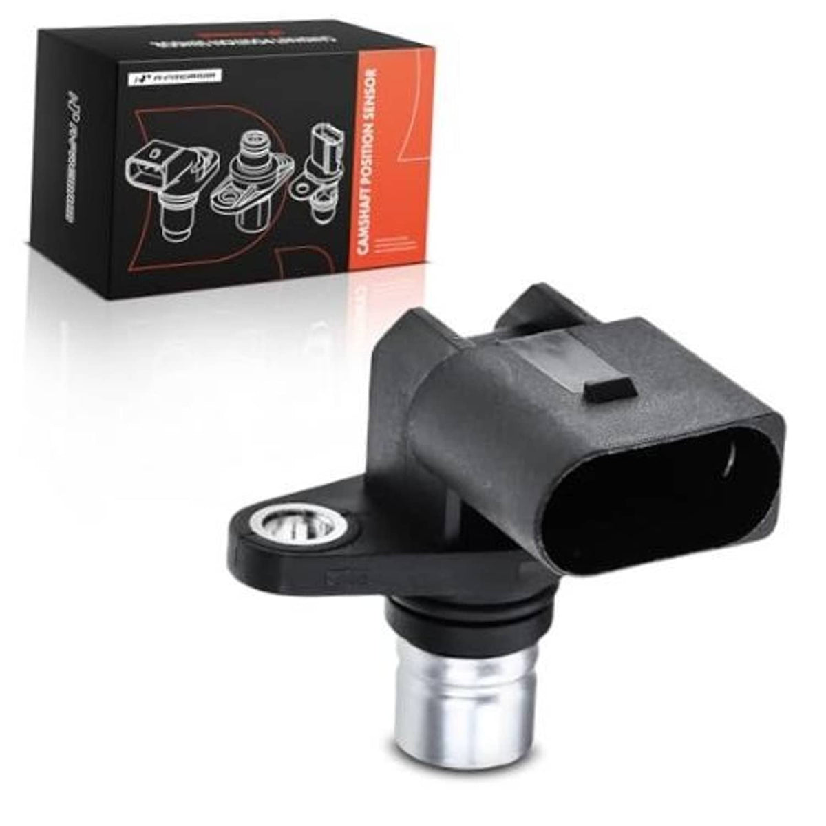 Camshaft position sensor with black housing, silver tip, and retail box.