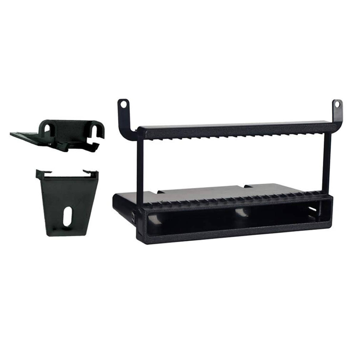Single DIN car stereo dash kit with storage pocket, black mounting frame and bracket