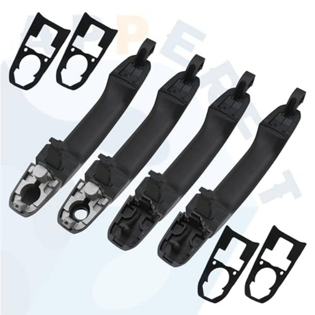 Black exterior door handle components with gaskets and mounting clips, multiple parts