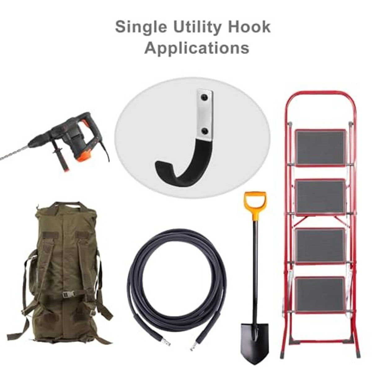 Single utility hook with black curved coated arm and silver mounting plate