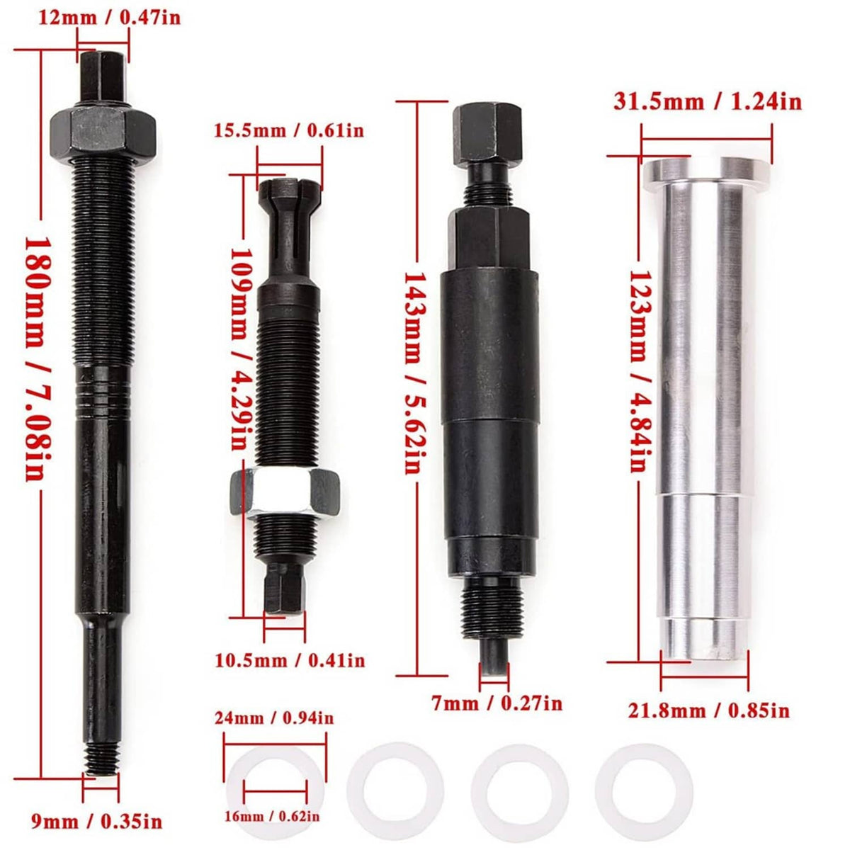 Spark plug remover tool set with black sleeves and threaded rods, with size diagram