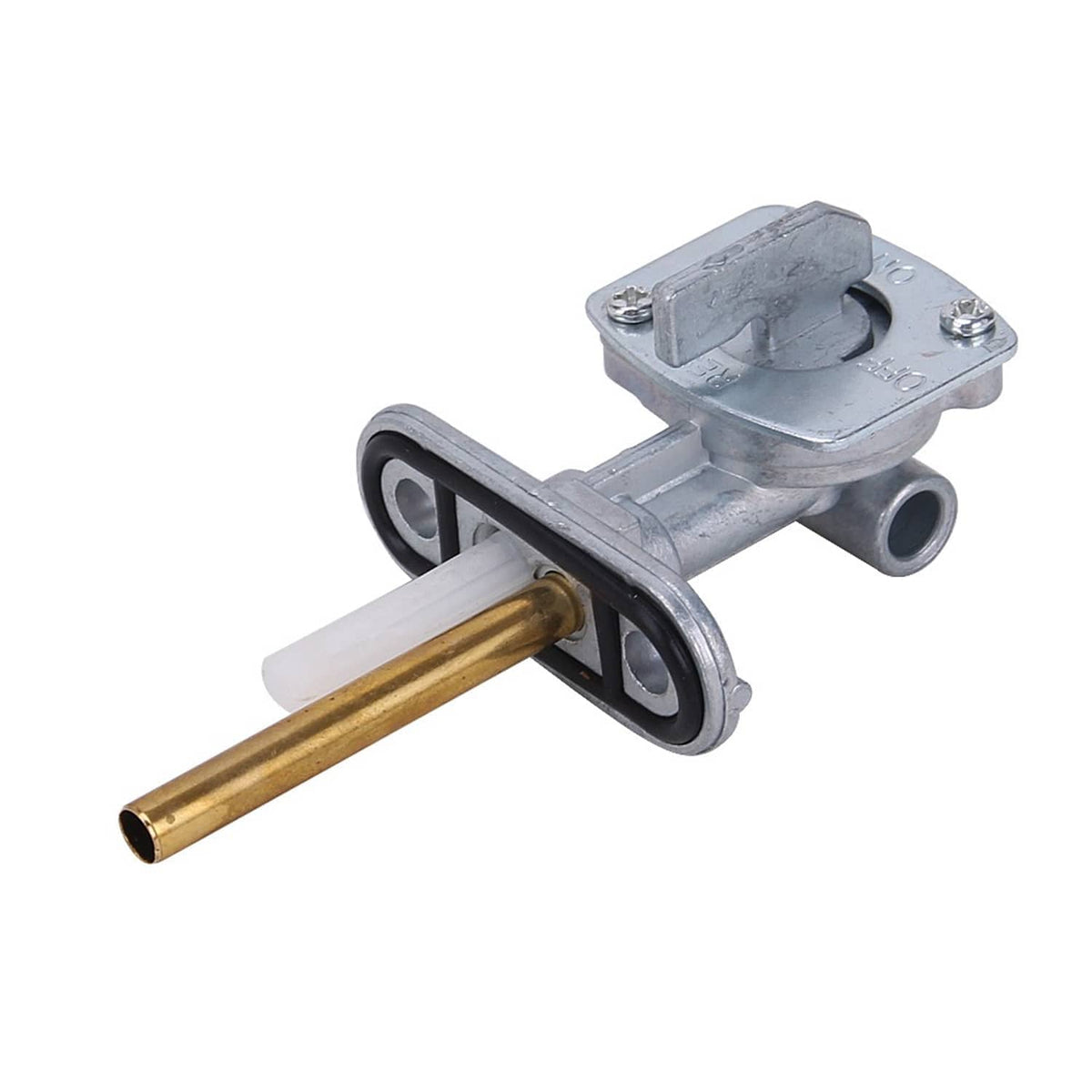 Fuel petcock valve switch assembly with brass lever, black mounting ring, silver body
