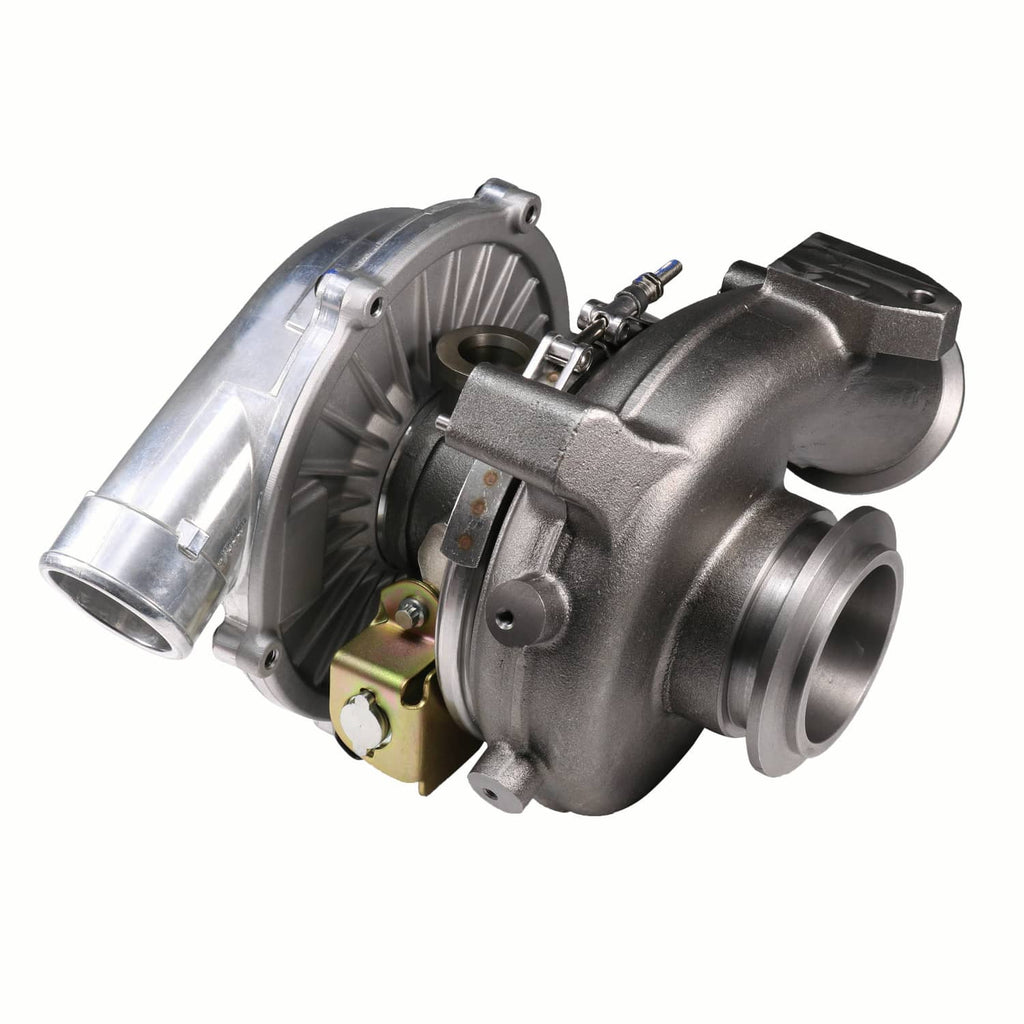 Turbocharger with silver compressor outlet and visible linkage hardware