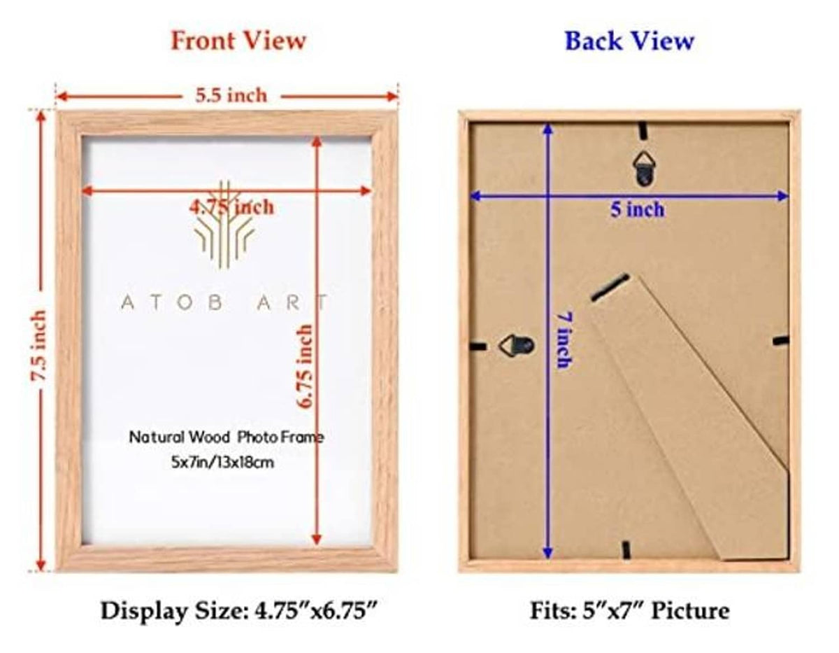 Natural oak 5x7 photo frame front and back view with fit and size labels