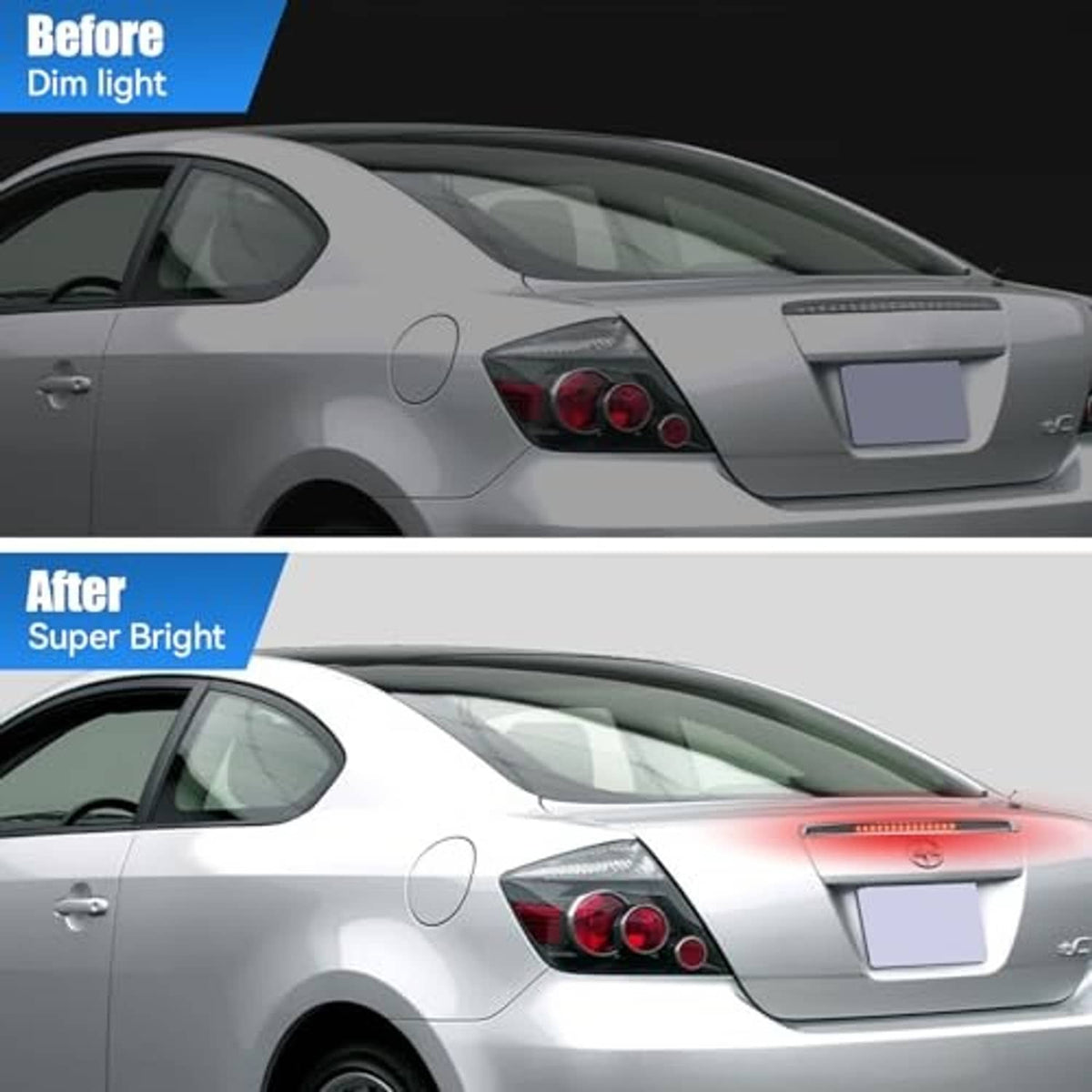 Car rear with red-lit third brake light strip across trunk