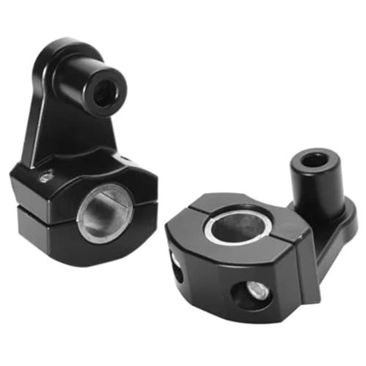 Black pivoting handlebar clamp riser with bolt holes and circular center insert