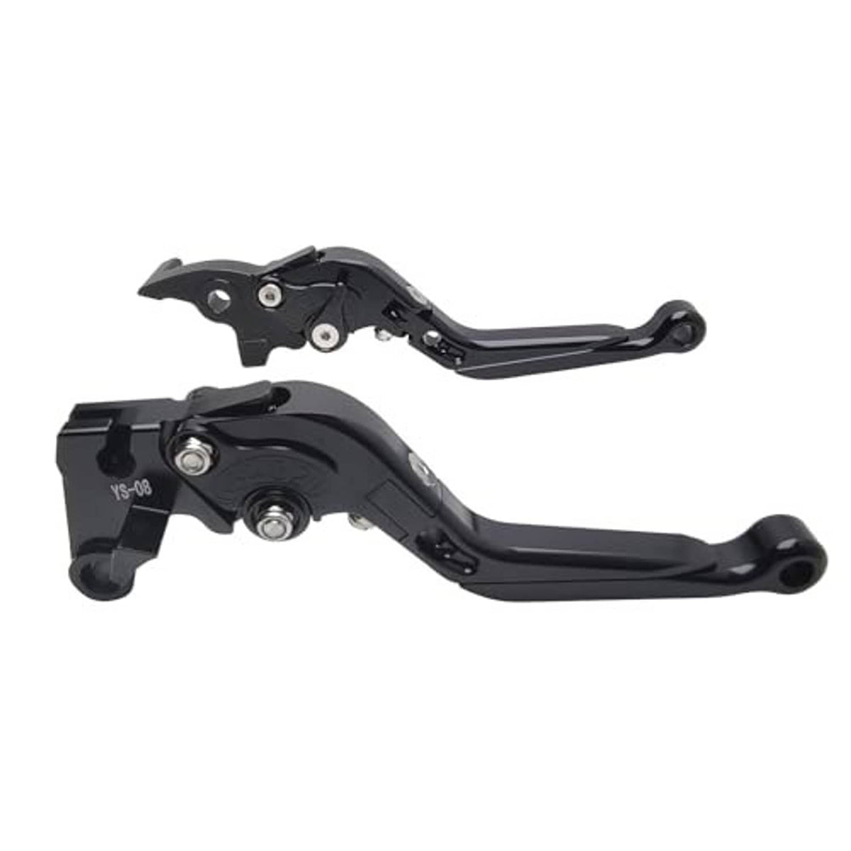 Black motorcycle brake and clutch lever set, folding design with adjustment knobs