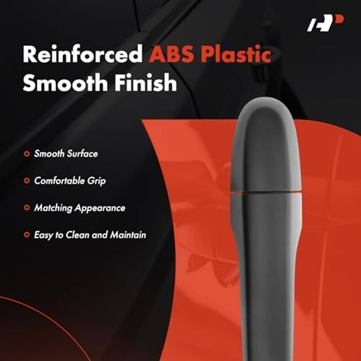 Black exterior door handle with smooth ABS finish, close-up of lever profile
