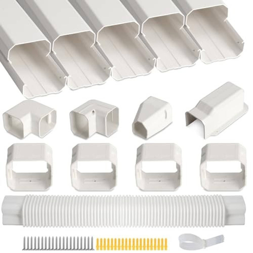 White plastic mini split line set cover kit with straight duct, elbows, and end caps