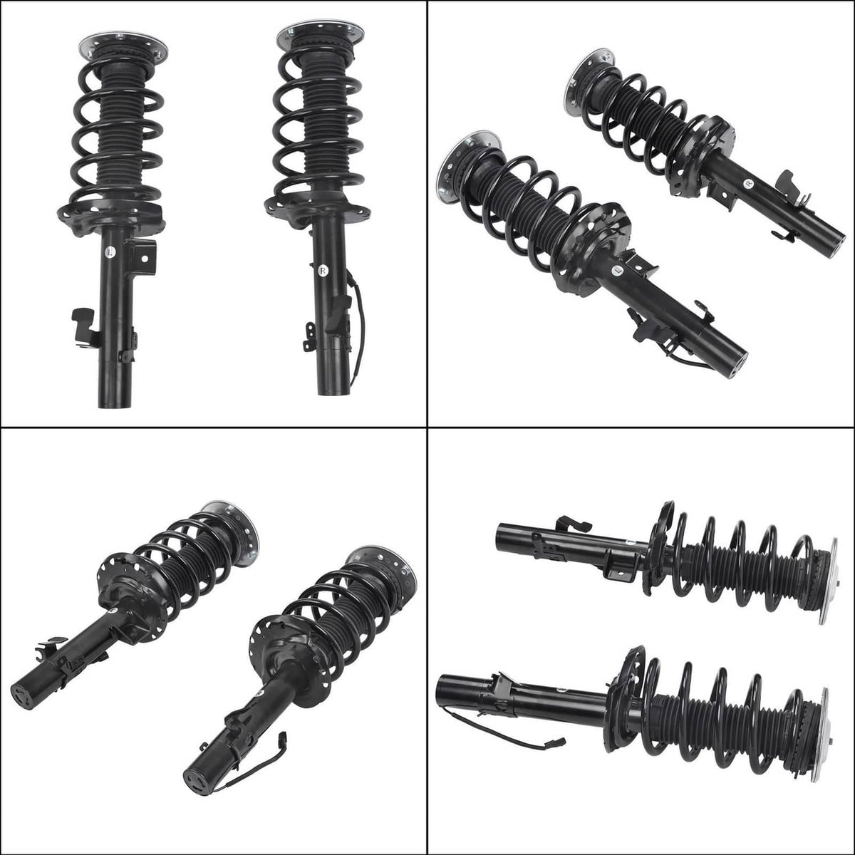 Front shock absorber strut set with black coil springs shown from multiple angles