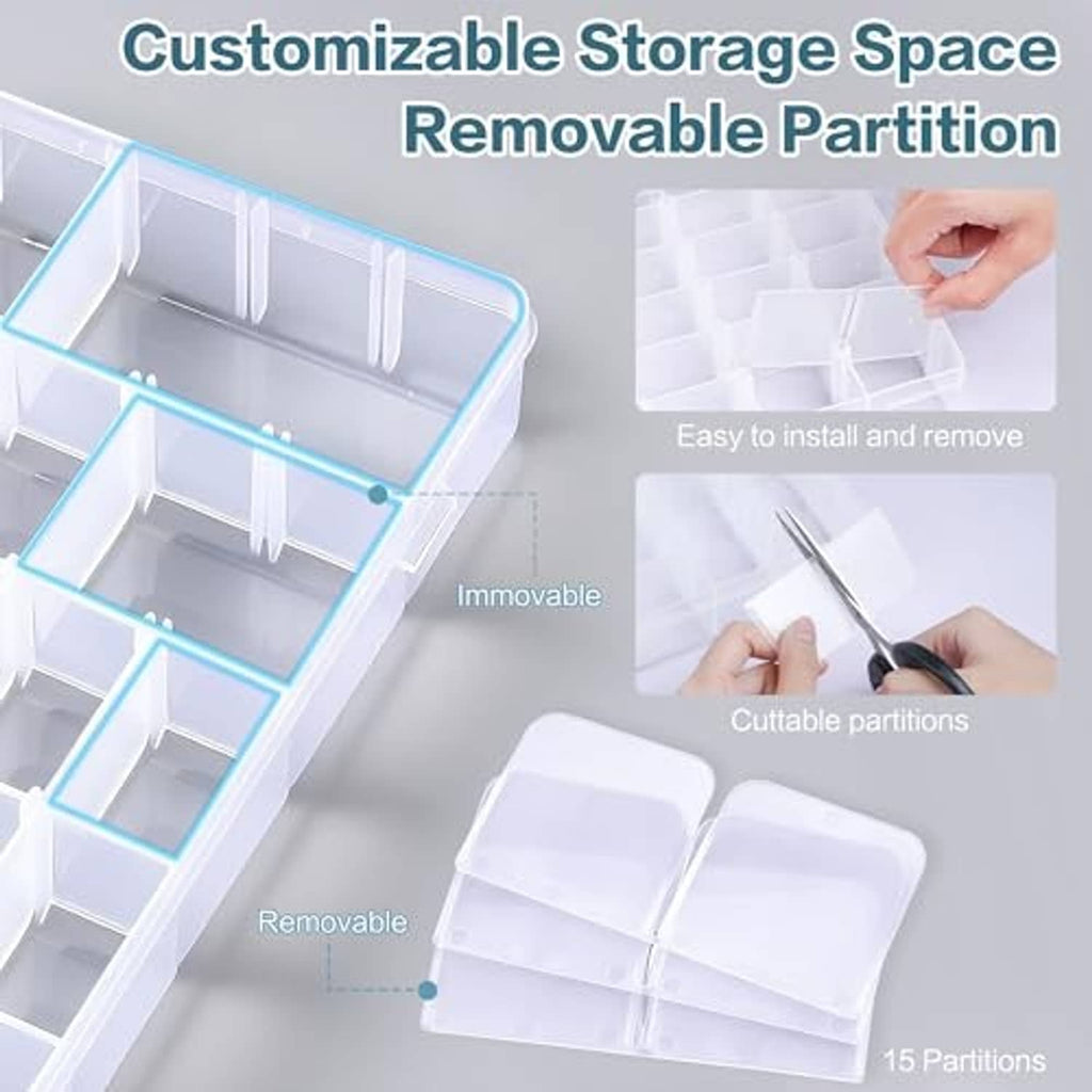 Clear plastic storage box with removable partition dividers and adjustable compartment layout