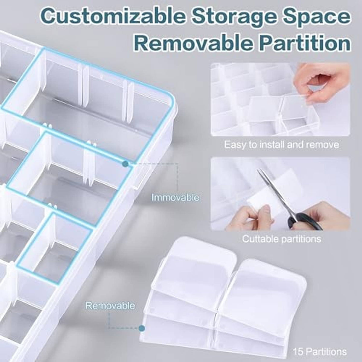 Clear plastic storage box with removable partition dividers and adjustable compartment layout