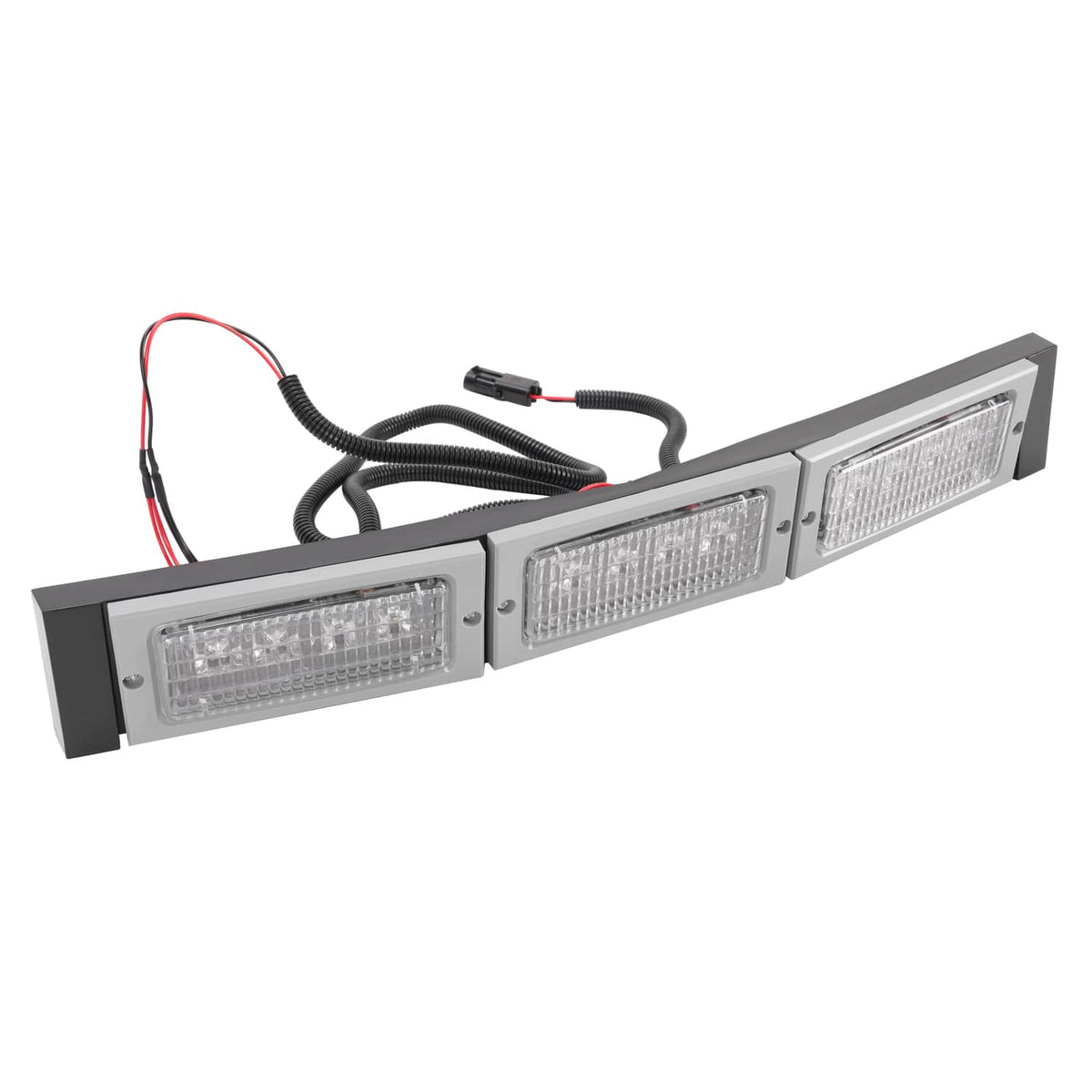 3-LED headlight light bar kit with black wiring harness and red/black leads