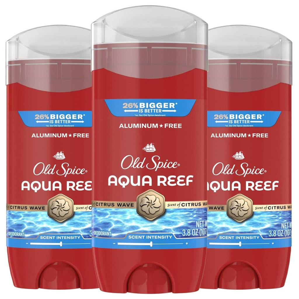 Old Spice Aqua Reef men's aluminum-free deodorant 3-pack, red stick with clear cap.
