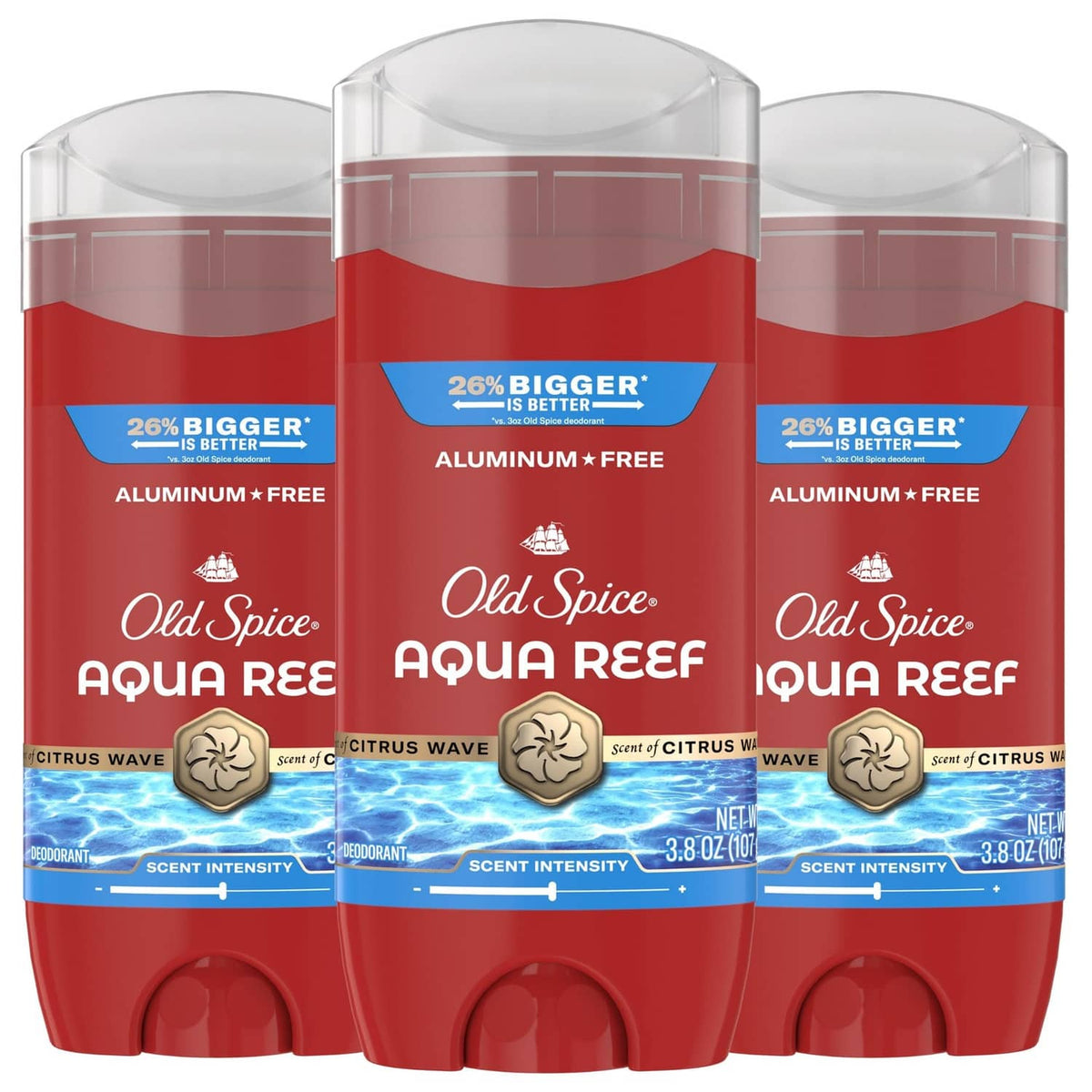 Old Spice Aqua Reef men's aluminum-free deodorant 3-pack, red stick with clear cap.