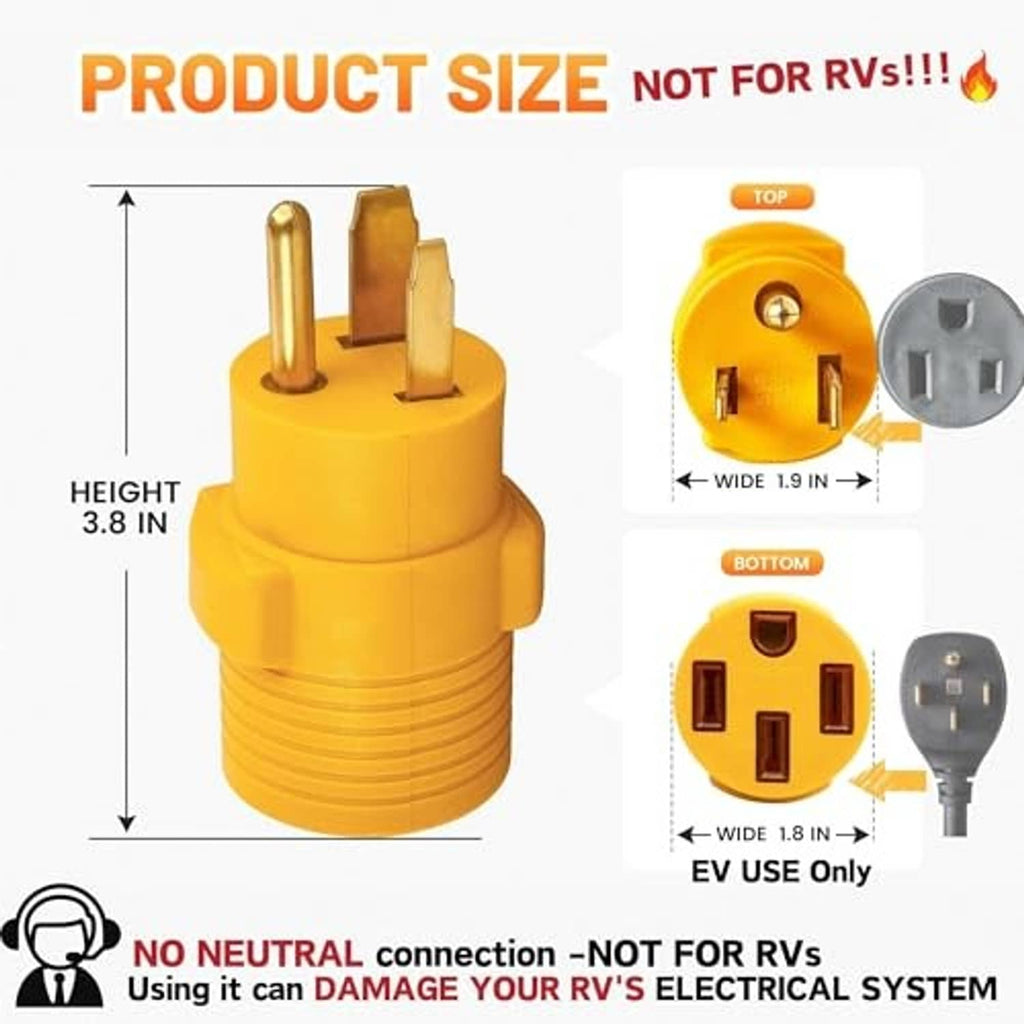 Yellow EV charger adapter with size diagram showing height and connector width