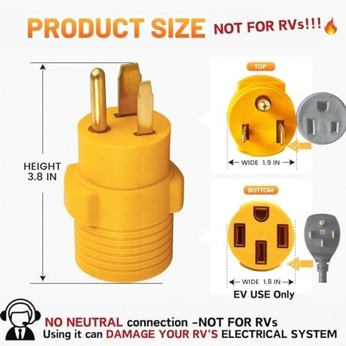 Yellow EV charger adapter with size diagram showing height and connector width