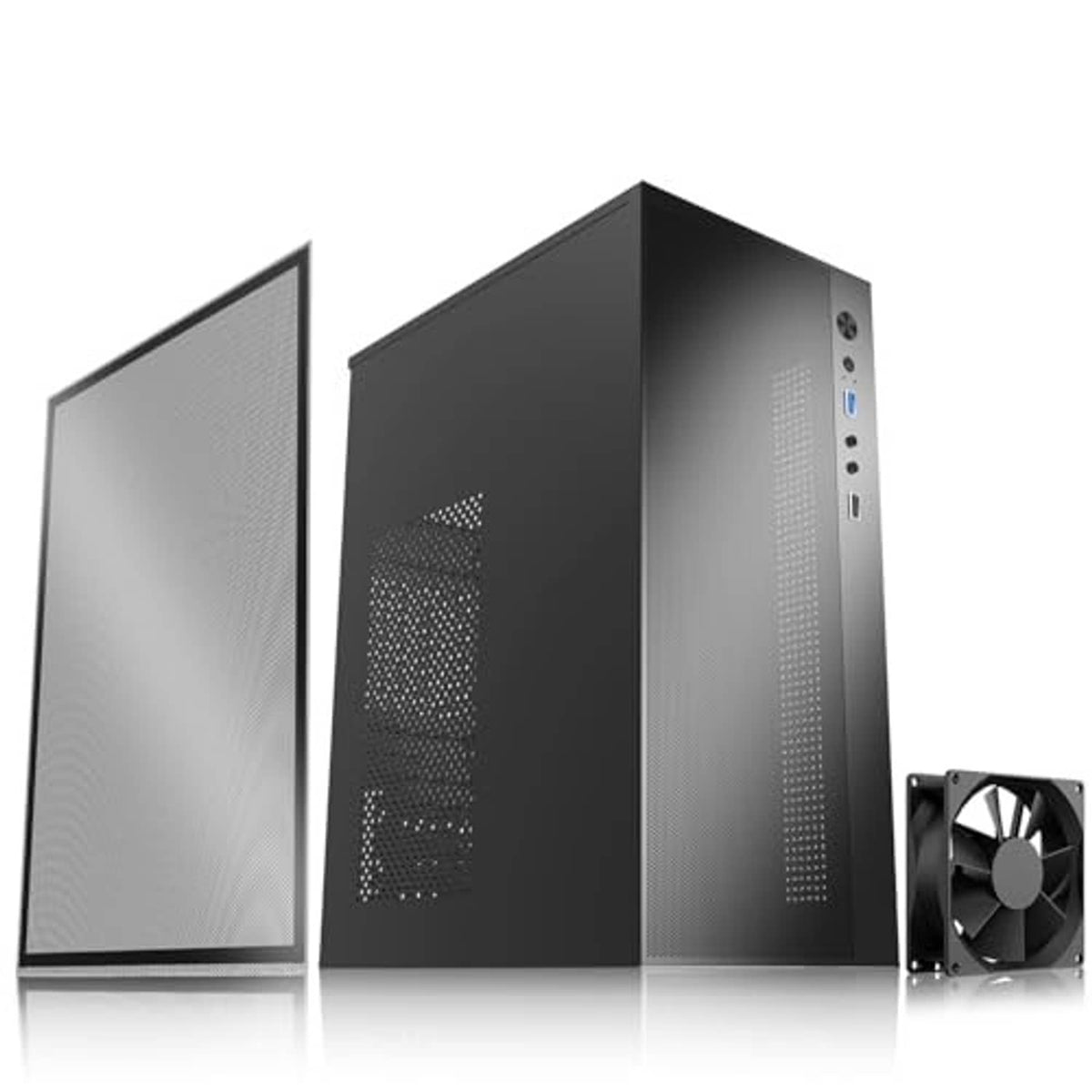 Black PC case with front mesh panel, open side cover, and side I/O ports