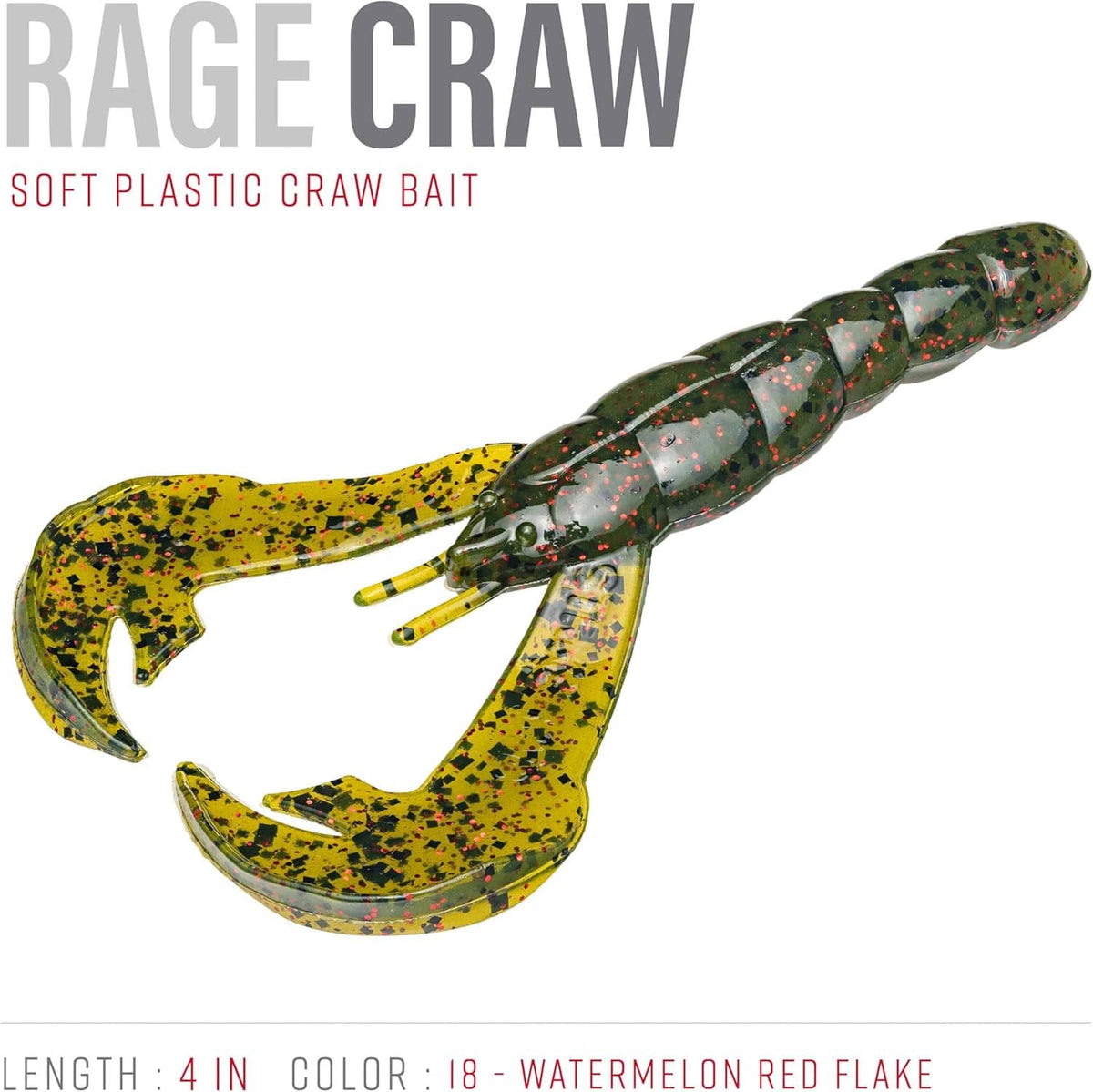 Soft plastic craw bait, dark green top with yellow speckled claws and curved tail