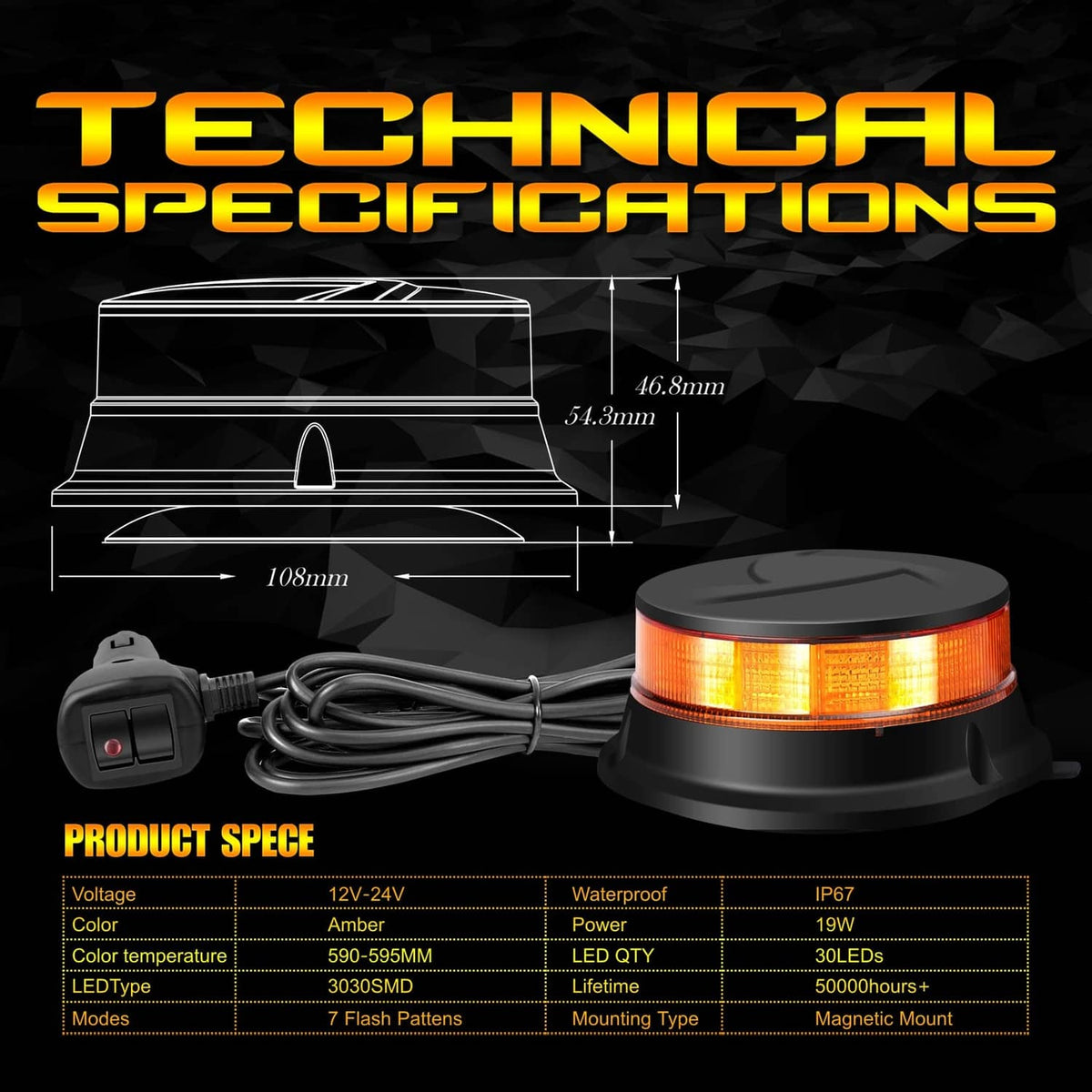 DAYSEN amber LED magnetic beacon light with base, wiring cable and control switch