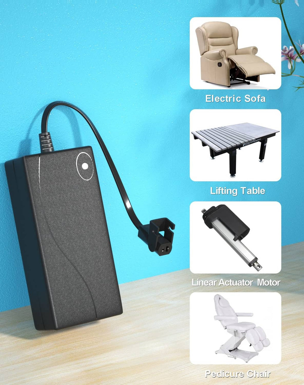 Black recliner power supply adapter with attached cable and round DC plug