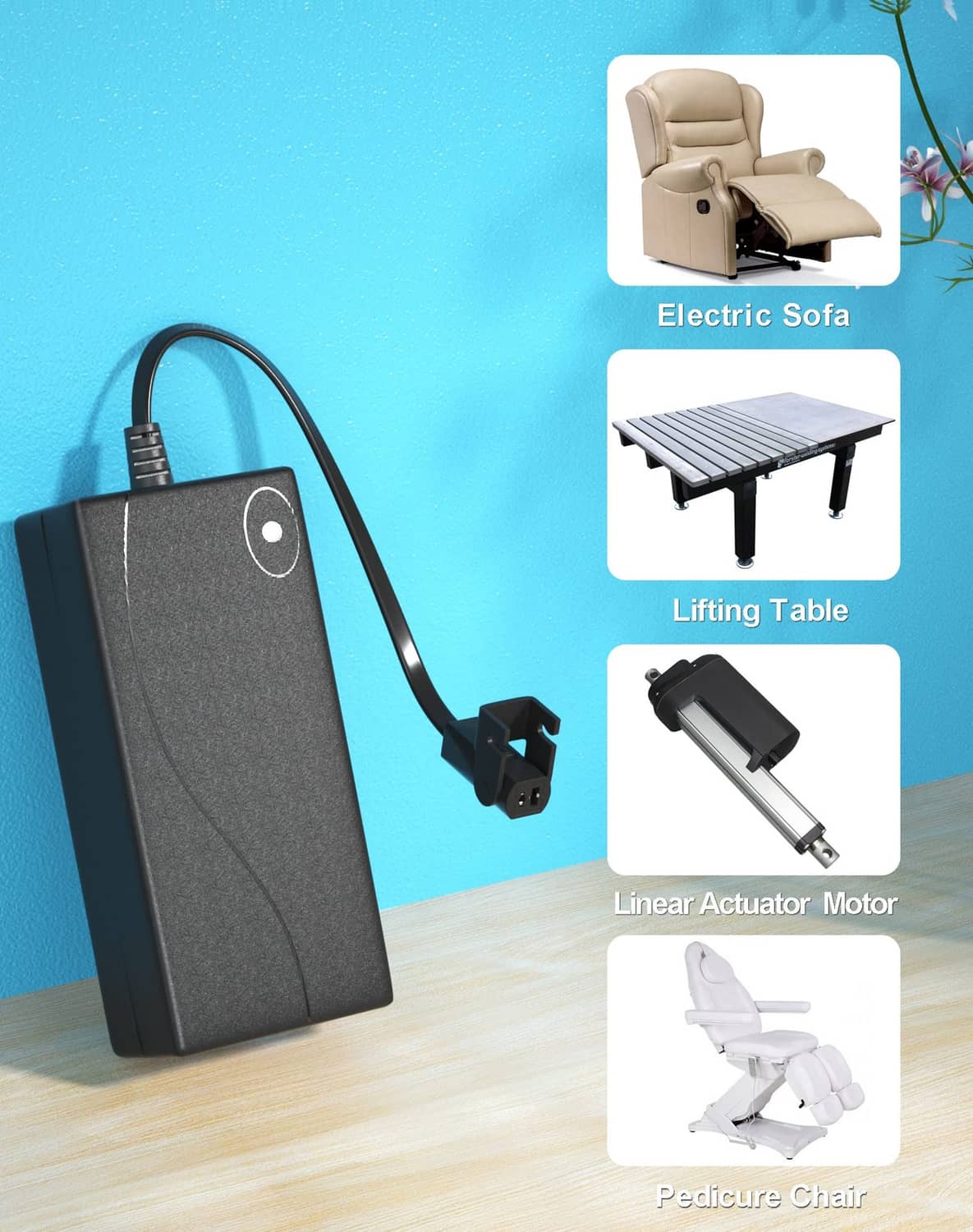 Black recliner power supply adapter with attached cable and round DC plug