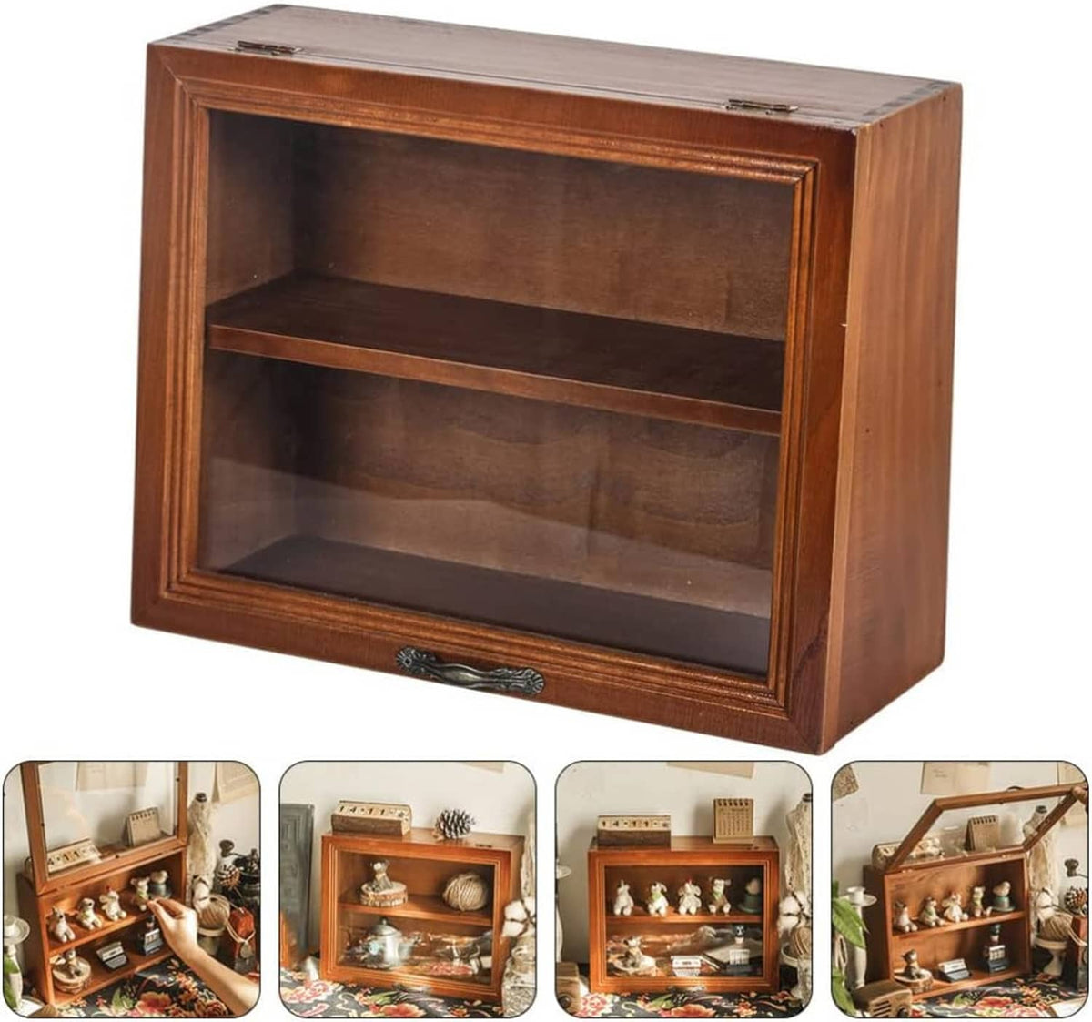 Wooden glass-front display case with shelves, front view with use thumbnails