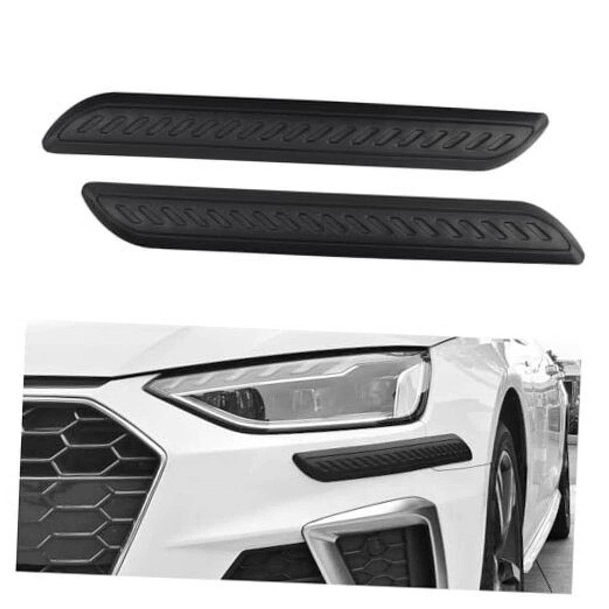 Pair of 2 black rubber car bumper guards with ribbed anti-scratch tread pads