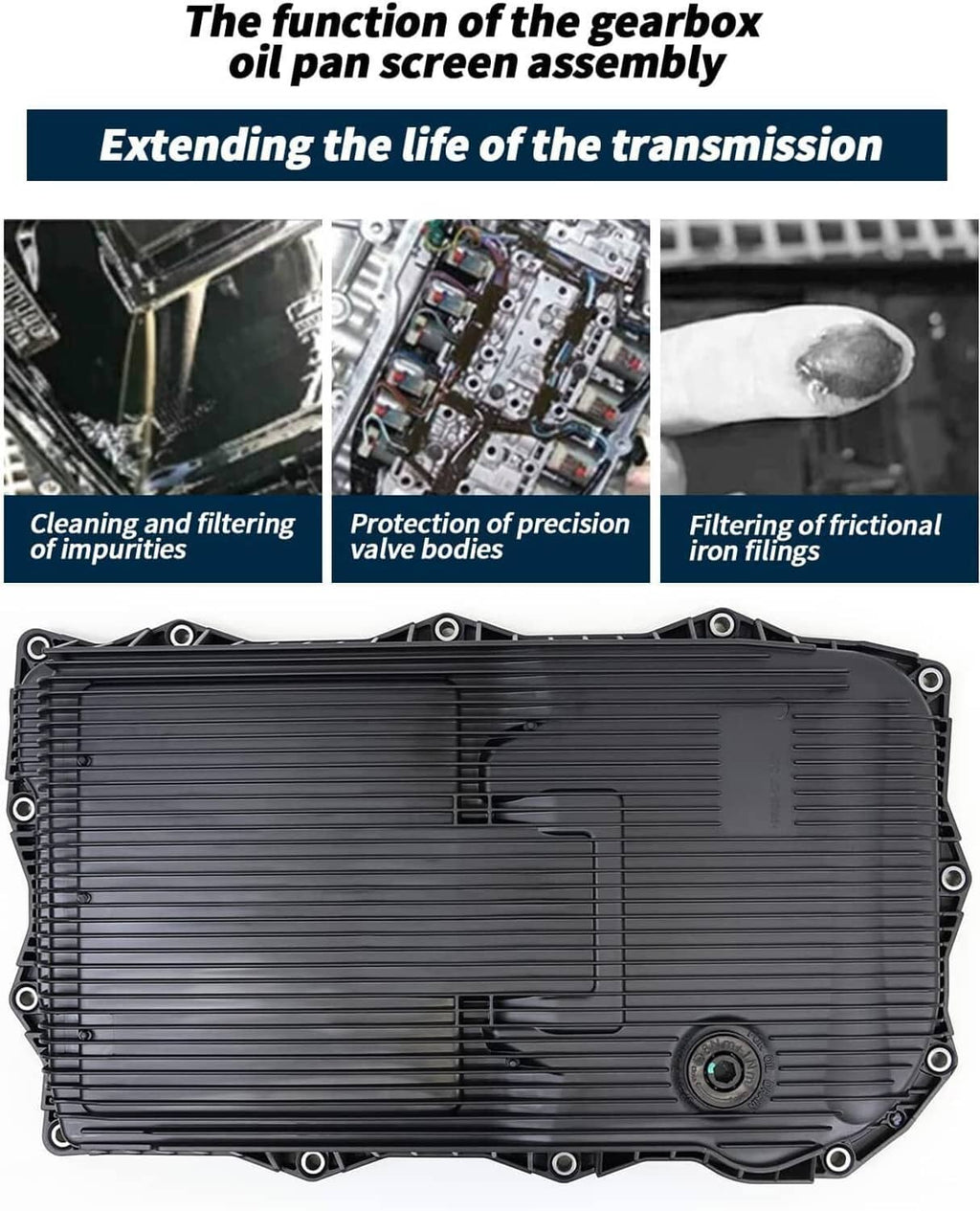Black transmission oil pan housing with built-in valve cover detail