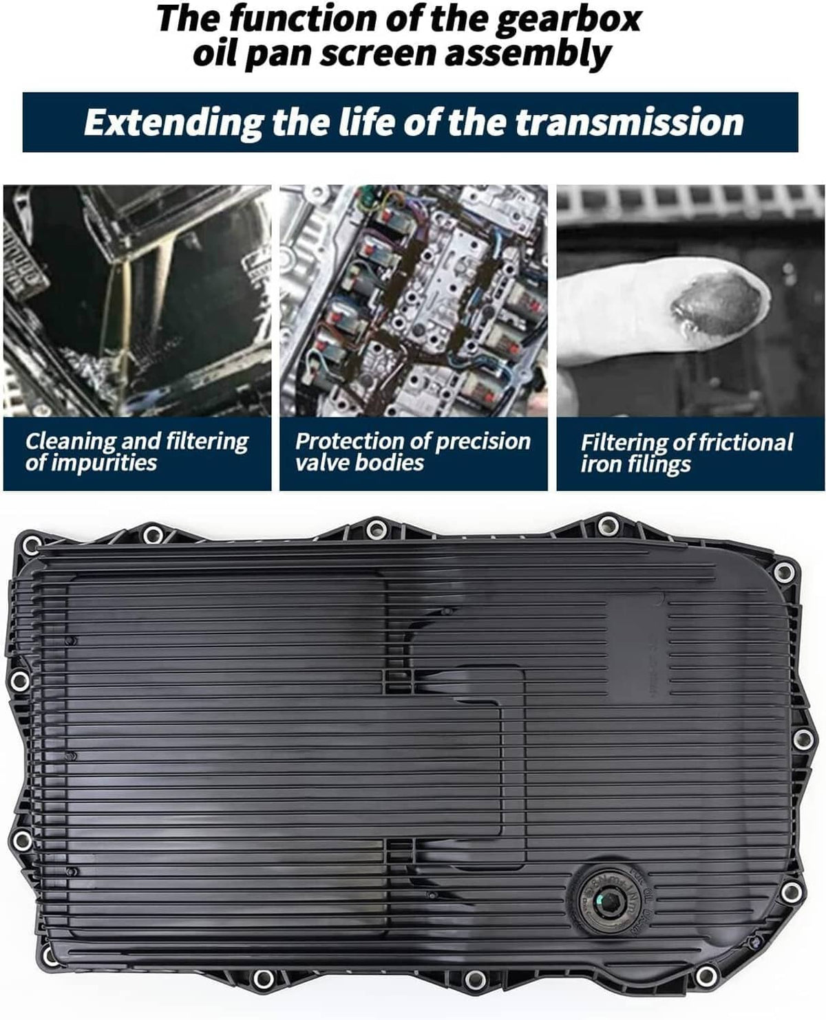 Black transmission oil pan housing with built-in valve cover detail