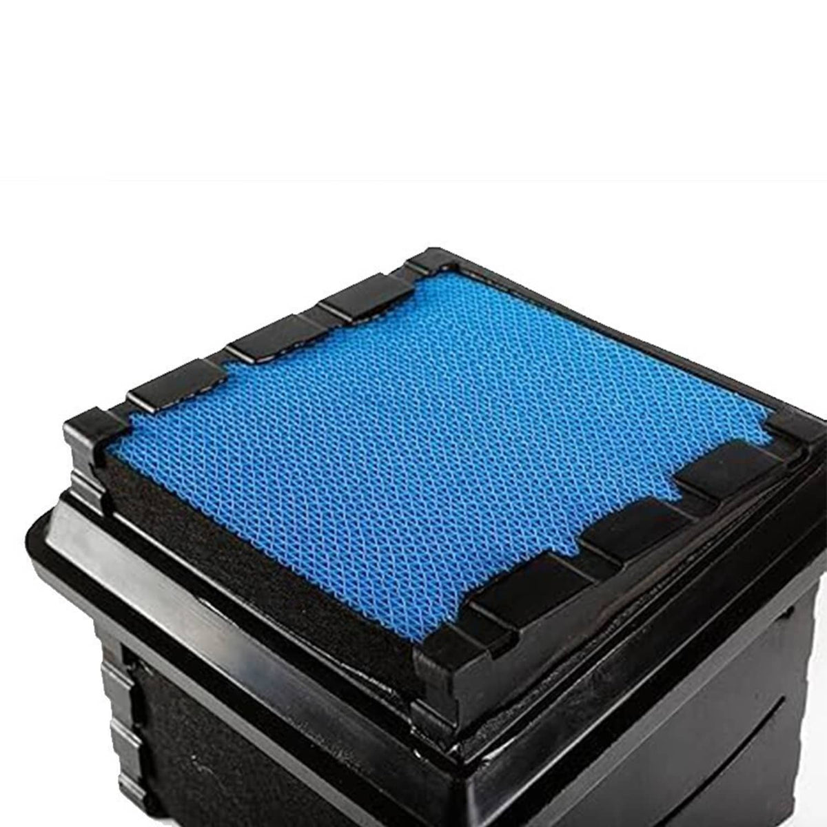 Air filter top view with blue mesh filter media in black frame