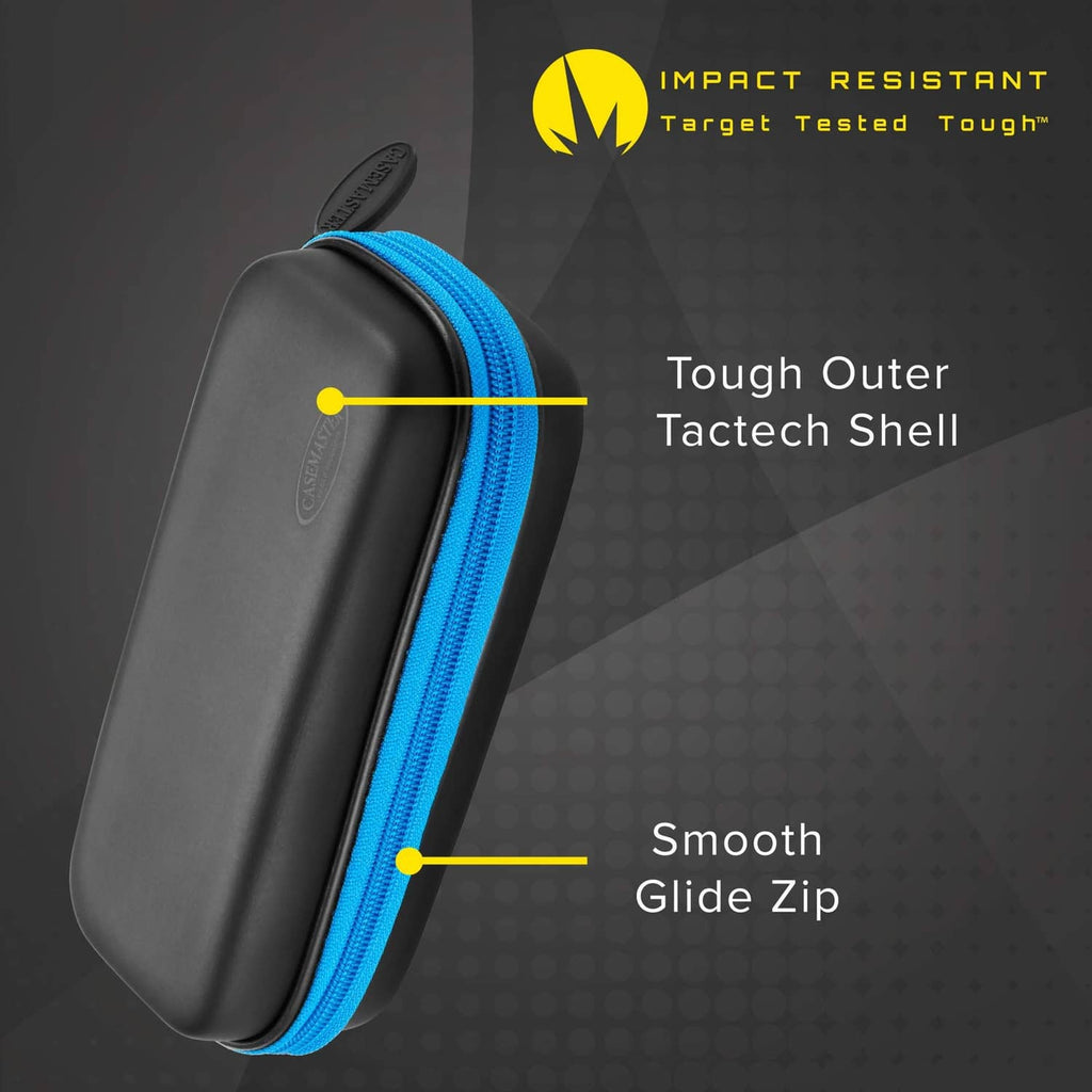 Black hard dart case with blue edge piping and smooth zipper seam.