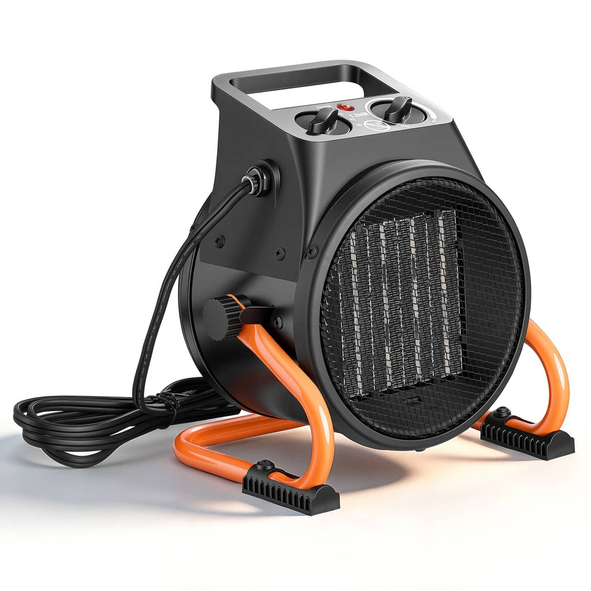 Electric greenhouse heater with front heating grill, top controls, and attached power cord
