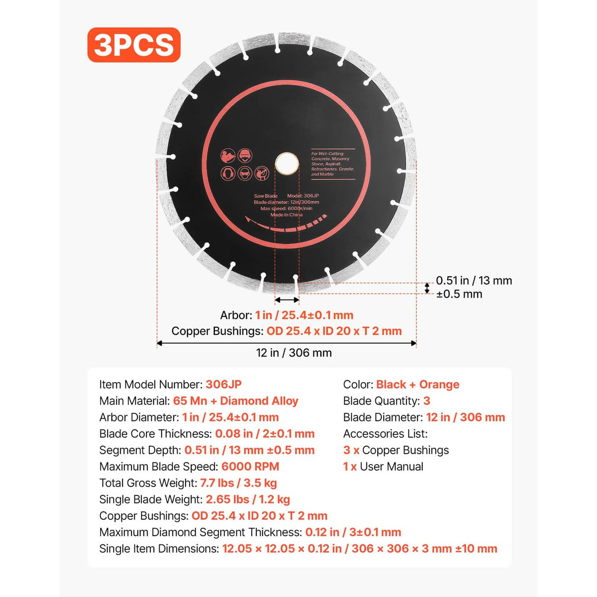 3-pack 12 in diamond blades with 1 in arbor and copper bushings, labeled specs