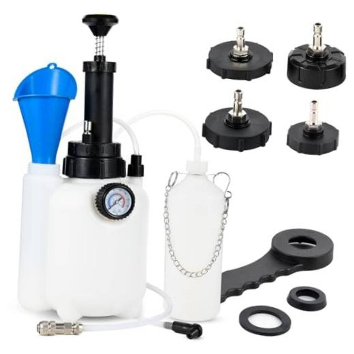 Brake bleeder kit with white reservoir, blue funnel, pressure gauge, hoses, and adapters