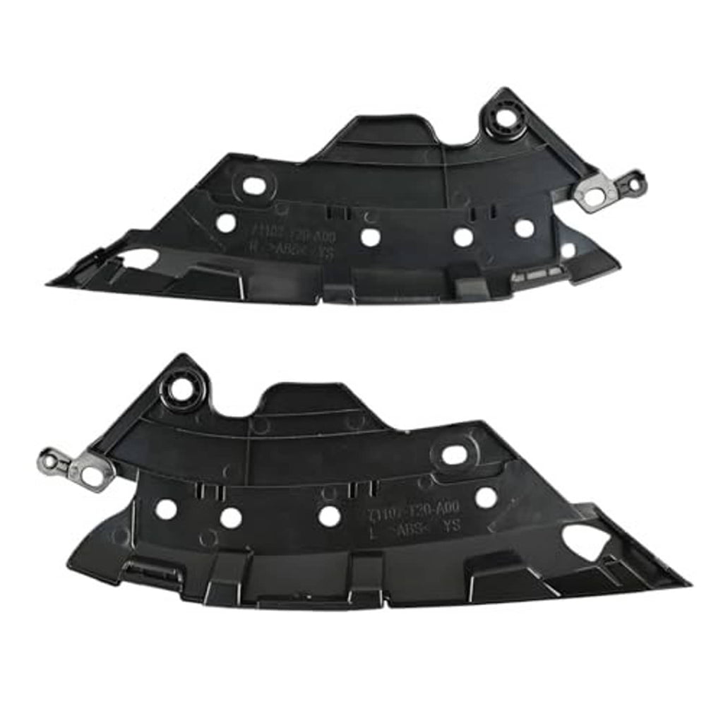 Front bumper grille retainer bracket pair, black plastic with molded channels and bolt holes