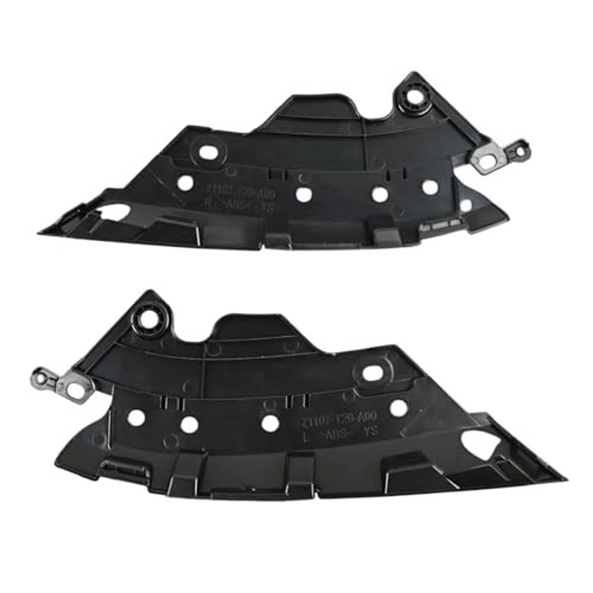 Front bumper grille retainer bracket pair, black plastic with molded channels and bolt holes