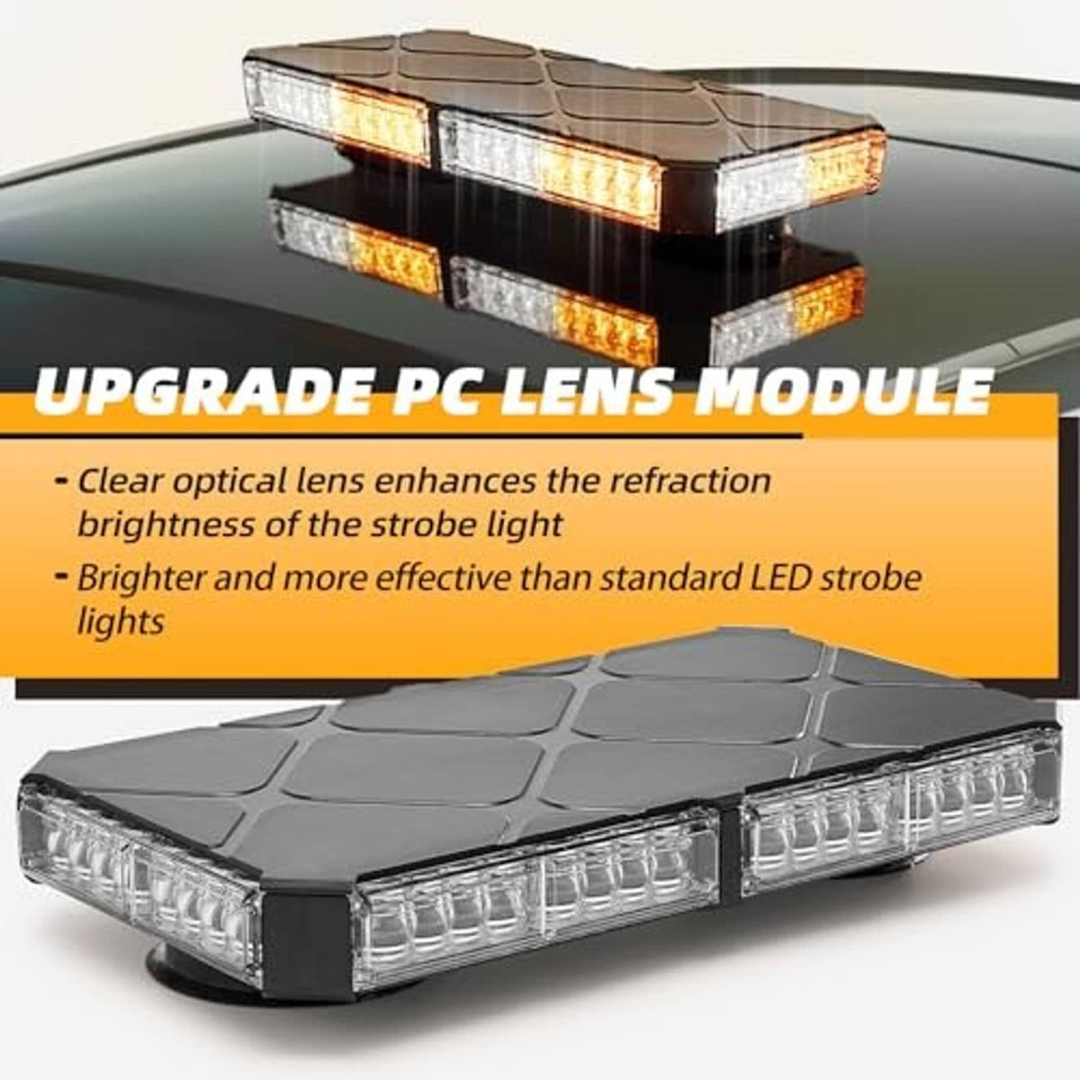 Rooftop strobe light bar with amber and clear LED segments, black housing