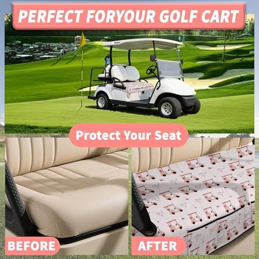 Pink patterned golf cart seat cover protecting a bench, before-and-after style