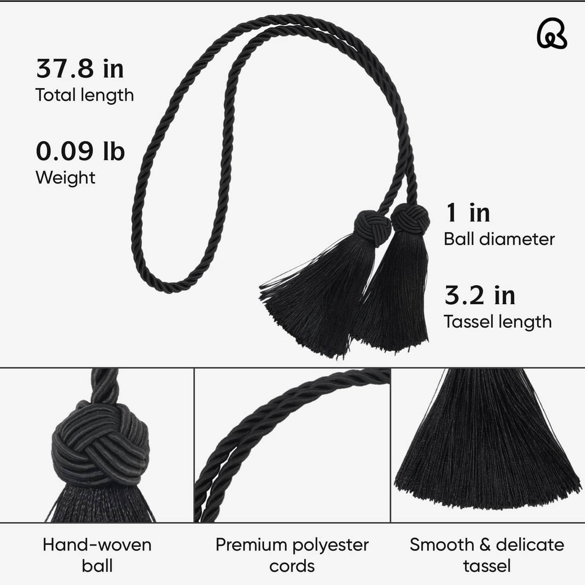 Black tassel curtain tieback cords with braided design and rounded ball tassel