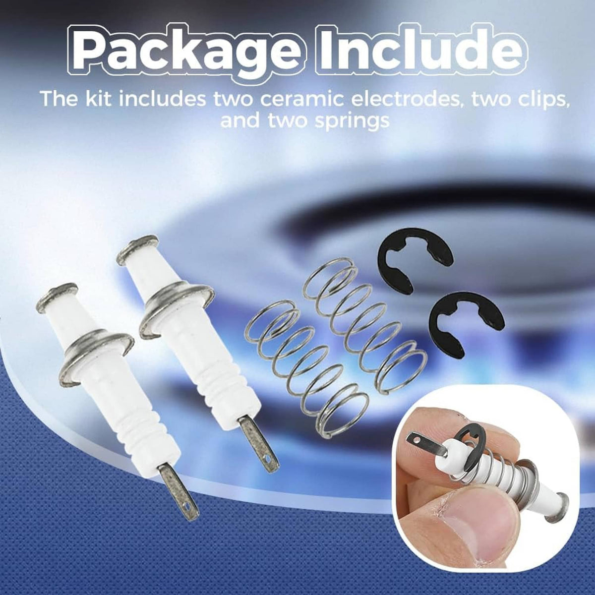 Igniter repair kit includes two ceramic electrodes, two springs, and two clips for gas range