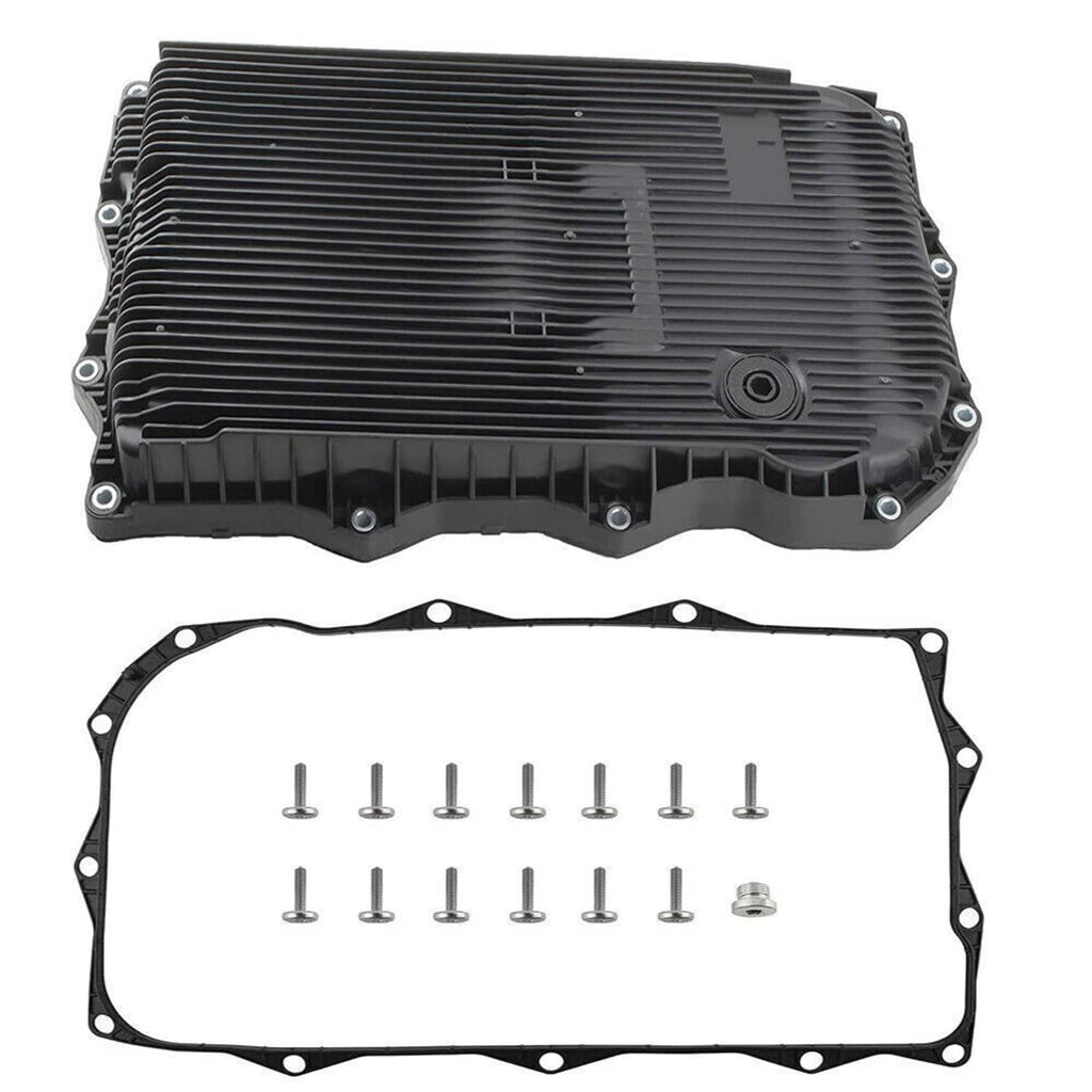 Black automatic transmission oil pan with gasket and bolt set, angled view