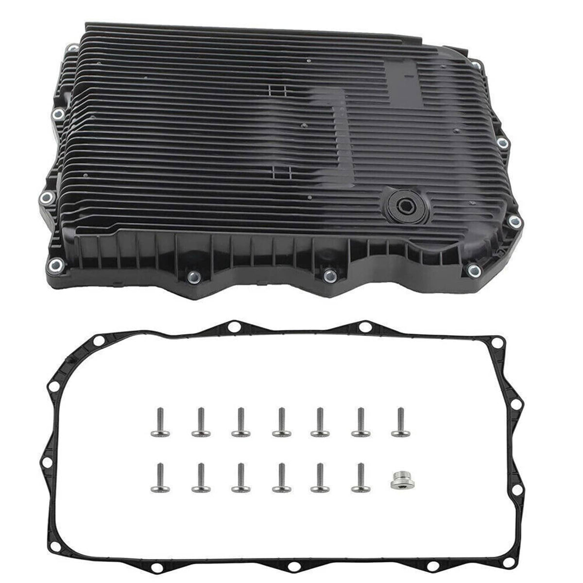 Black automatic transmission oil pan with gasket and bolt set, angled view
