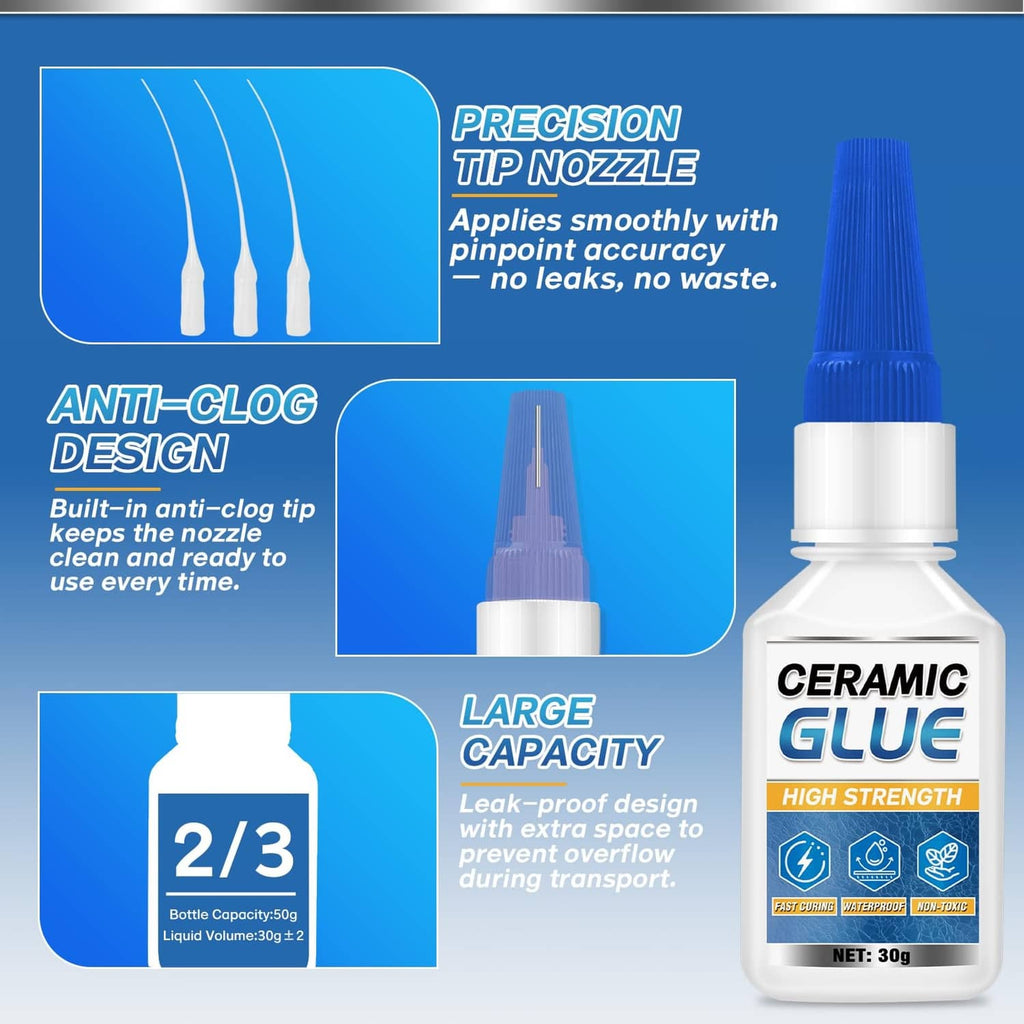 Ceramic glue repair kit with blue nozzle tip and clear glue dispensing for precision